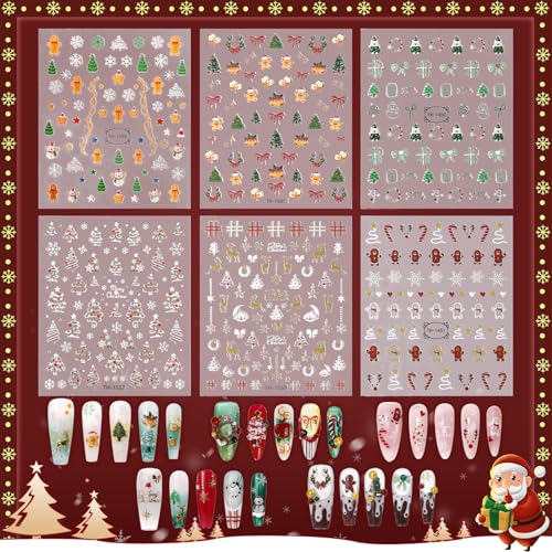 6 Sheets Christmas Nail Art Stickers, 3D Self-Adhesive Snowflake Elk Gingerbread Men Snowman Xmas Tree Design, DIY Christmas Nail Decals for Women, Winter Holiday Nail Decorations