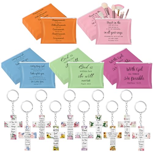 Kacctyen 50 Set Christian Makeup Bags with Keychain Christian Gifts Bulk Women Bible Verse Cosmetic Bags with Zipper Christian Cross Keychain Colorful Bags for Women Travel Organizer