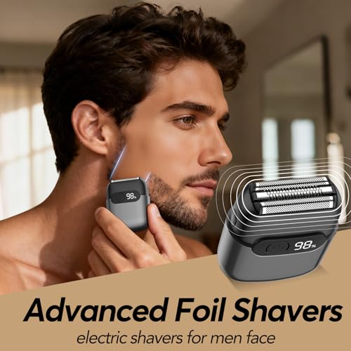 Foil Shavers for Men - Mini Electric Razor with 3 Floating Blades, Smart LED Display, Traver Lock, IPX7 Waterproof Wet/Dry Shaving for Face & Beard, USB-C Fast Chage for Travel Home, Gift for Men