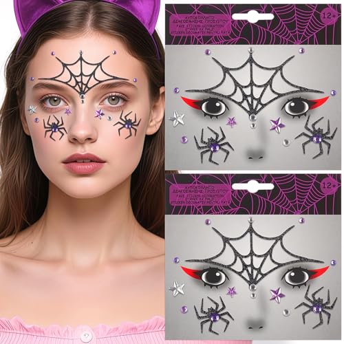 Halloween Face Stickers Glitter Spider Face Gems Face Jewels Self-Adhesive Spider Web Temporary Tattoos Stickers for Face Eyes Halloween Makeup Cosplay Party Supplies 2Pcs