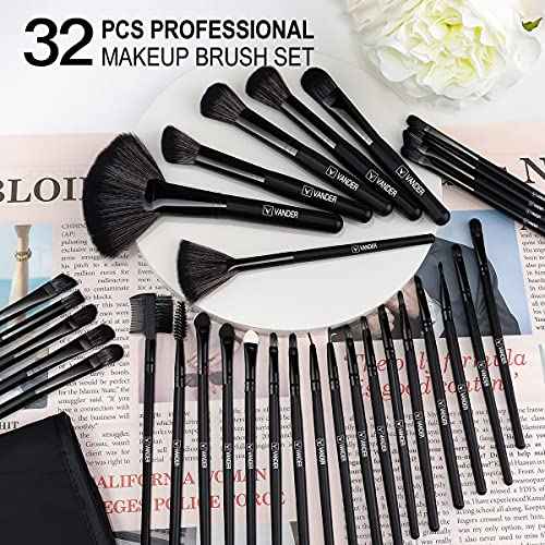 Vander Make up Brush Set, 32Pcs Professional Premium Synthetic Brochas Para Maquillaje, Foundation Powder Concealers Eyeshadow Eyeliner Brush Travel make up brushes set (Black)