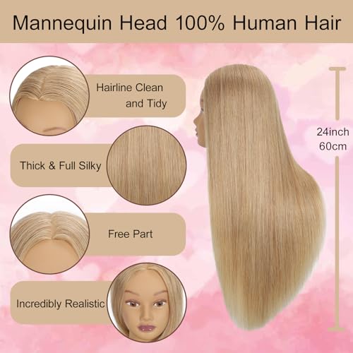 24" Human Hair Mannequin Head | 100% Real Hair Blonde
