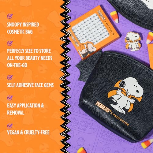 Profusion Cosmetics Peanuts Snoopy Cosmetic Bag with Face & Body Gems and Exclusive Enamel Pin - Spacious Storage Bag with Sparkling Self-Adhesive Diamond Shape Gems and Limited Edition Pin Makeup Set