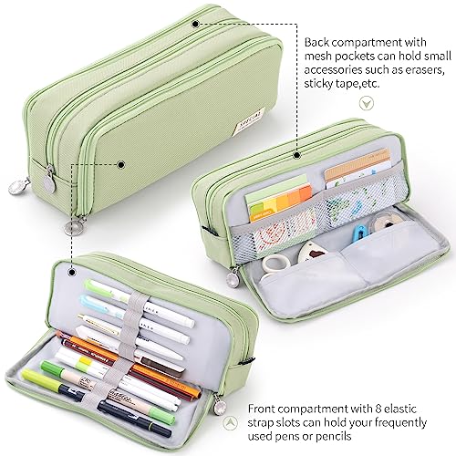 CICIMELON Large Capacity Pencil Case 3 Compartment Pouch Pen Bag for School Teen Girl Boy Men Women (Green)