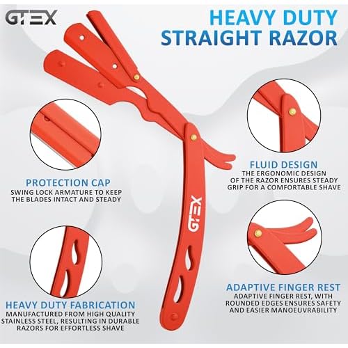 2 Straight Razor For Men (Red Black), 100 GTEX Premium Blades (Japanese Steel) - 2Pack Straight Edge Razor 100 Platinum Razor Blade - Navajas Para Barbero - Barber Razor For Men, Beard Razors