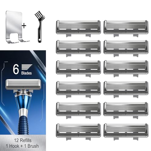 6-Blade Razor Refill Cartridges 12 Count, Professional Razor Blades for Men with Lubricating Strip, Wall Hook & Cleaning Brush Included for Smooth Shaving with Matching Handle