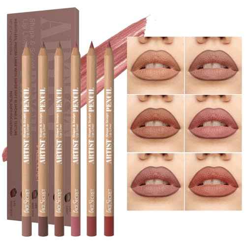 Beauty Glazed 6pcs Nude Brown Lip Liner Makeup Set - Waterproof & Smudge-Proof Matte Pencil, Long-Lasting & Durable, Smooth & Easy Glide, Non-Smudge, Contouring, Filling & Layering (NUDE-PINK Set)
