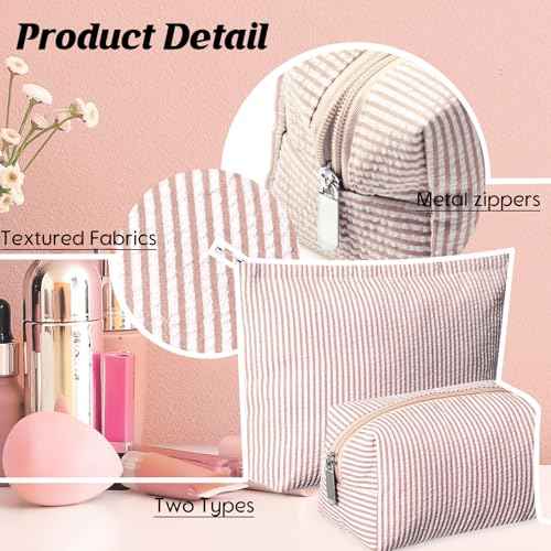 2 Pieces Makeup Bag Set Cute Cosmetic Pouch for Women Seersucker Travel Toiletry Bag Preppy Small Makeup Purse Pouch Aesthetic Skincare Brushes Storage Organizer for Christmas Women(Khaki)