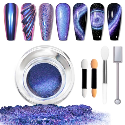 MIZHSE 9D Cat Eye Chrome Nail Powder Mirror Effect Blue Magnetic Glitter Pigment Powder for Gel Nails Chameleon Cateye Magic Galaxy Nail Art Powder with Magnet