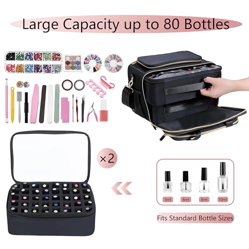 Nail Polish Organizer Holds 80 Bottles, with Two Removable Case, Portable Travel Nail Kit Storage Bag for Manicurist, Nail Art Enthusiasts,Black