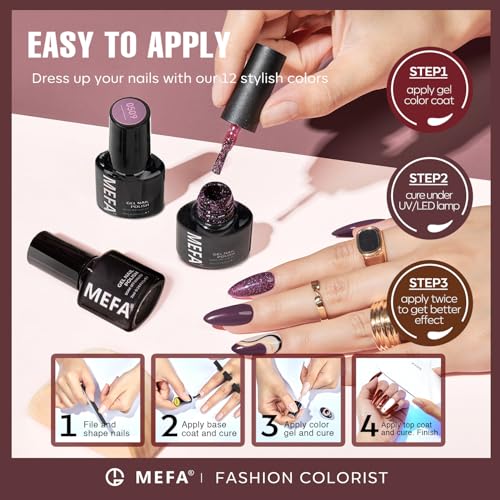 MEFA 12 Colors Gel Nail Polish Set - Soak Off Burgundy & Gold Glitter