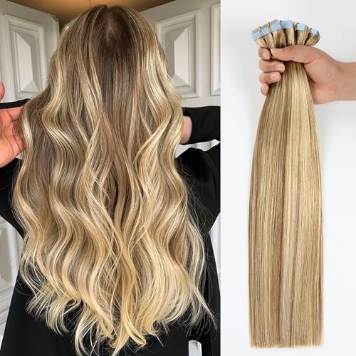 JESSBO Tape in Hair Extensions Human Hair Ash Blonde Highlighted Bleach Blonde 18 inch 20pcs 50g/pack Straight Seamless Skin Weft 100% Real Human Hair (18 Inch #P18/613)