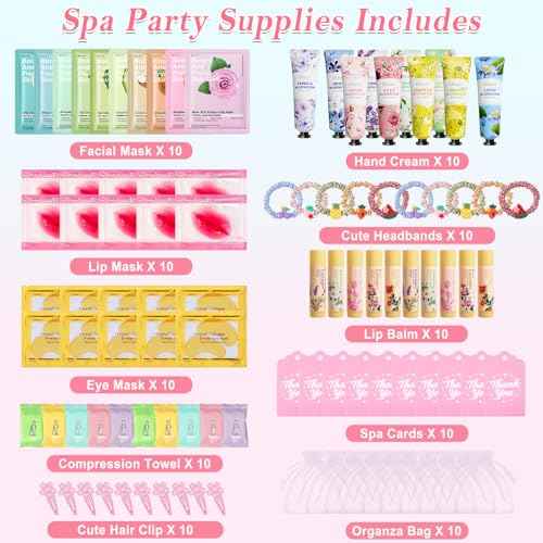 100PCS Spa Party Supplies for Girls 10-12, Bachelorette Spa Party Favors Gifts for Teens Girls 8-12, Face Masks Skincare,Hand Cream,Lip Balm,Eye Patches,Lip Mask, Spa Birthday Sleepover Party Supplies