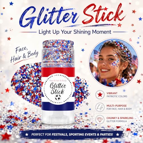 FNOLECY Patriotic Red White & Blue Glitter Stick for Face Hair & Body - Variation 02