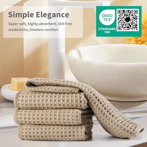 Microfiber Waffle Face Towels, 4 Pieces, Soft, Absorbent, Fast Drying, Lint Free 430 GSM (Beige)