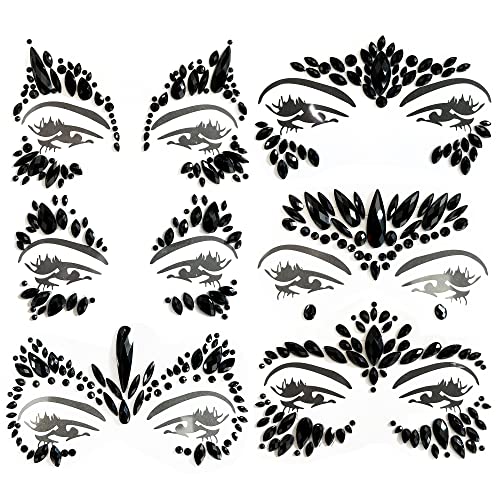 6 Sheets Black Face Gems, Self-Adhesive Rhinestone Face Jewels for Festivals, Halloween, and Costume Parties, Large