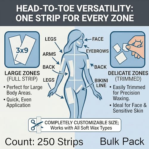 Appearus 250-Count Large 3x9 Non-Woven Waxing Strips - 90 gsm Heavy Duty Hair Removal Strips for Body and Face - Professional Epilating Strips for All Soft Wax - Lint-Free, Tear-Resistant Spa Grade