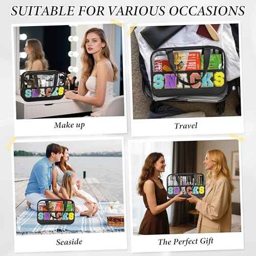 Snack Bag for Travel, Chenille Letter Clear Makeup Bag, 11.8" x 7.9" Nylon & PVC Waterproof Cosmetic Pouch with Handle and Zipper, Cute Preppy Storage Organizer Pouches for Women Girls (Black)