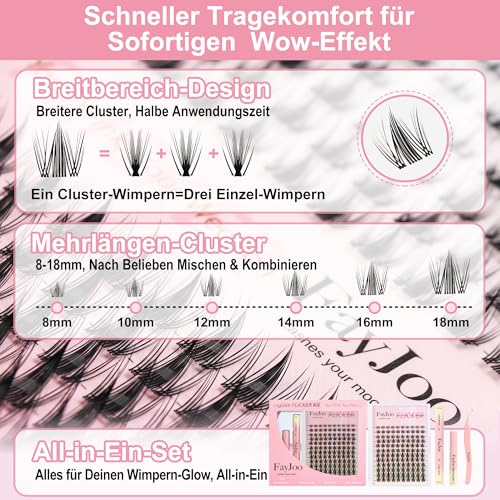 Wispy Spiky Soft Lash Clusters Kit, C Curl 8-18mm, Thin Fiber with 0.05mm Invisible Band, DIY Salon Eyelash Extension Kit with Bond Seal Remover Tweezers, Lightweight, FayJoo FLICKER 11 Kit