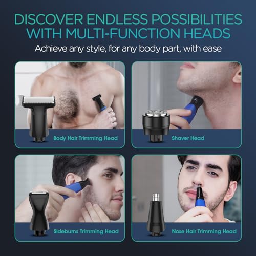VOYOR Beard Trimmer for Men, Electric Razor, No Pain, Full Body Grooming, Face & Body Hair Trimmer, Adjustable Length Combs, All-in-1 Rechargeable Mens Grooming Kit, Cordless, Wet/Dry, TX510 (Blue)