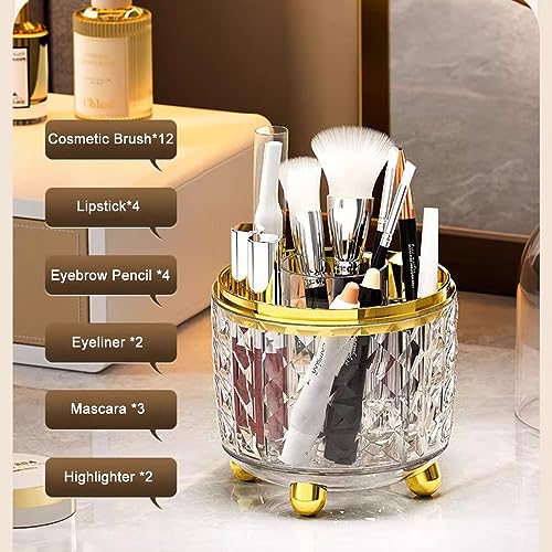 Makeup Brush Holder with Dustproof Lid, 360¡Æ Rotating Makeup Organizer, Spinning Cosmetic Organizer Pen Holder for Vanity Bathroom (Clear Gold)