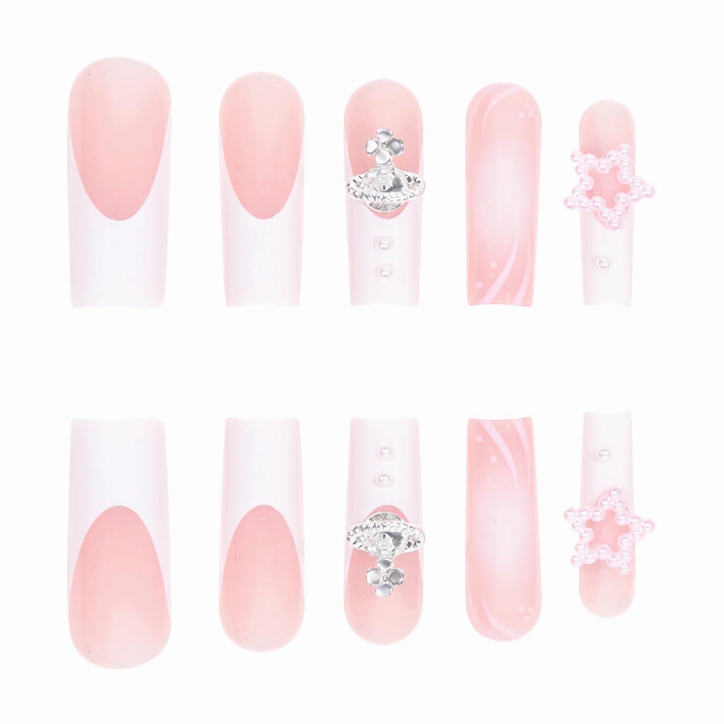 BABALAL French Tip Press on Nails Long Square Fake Nails White Glue on Nails 3d Planet Star Pearl Glitter Charm Shiny Acrylic Nails 24Pcs Squoval Stick on False Nails for Women and Girls