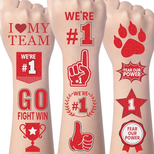 Red Team Spirit Temporary Tattoos - Gameza 138PCS Red Spirit Party Favors Decorations Supplies Glitter Team Spirit Tattoo Stickers for Cheerleading Teams Sports Games Classroom Spirit Week Rewards