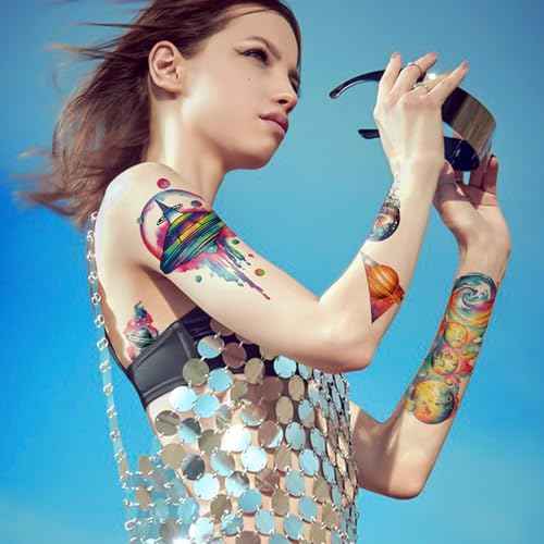 77 Sheets Temporary Tattoos, 17 Sheets Space Planet Astronaut Rockets Half Arm Fake Tattoo for Adults Men Women, 60 Sheets Small Waterproof Lasting Stickers Tattoo for Boys Girls Kids Party