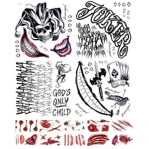 Joker Tattoos Temporary Halloween - 14 Sheets Temporary Tattoos for Kids Men Fake Tattoo Stickers Joker Costume Masquerade Cosplay Party Accessories Makeup Waterproof