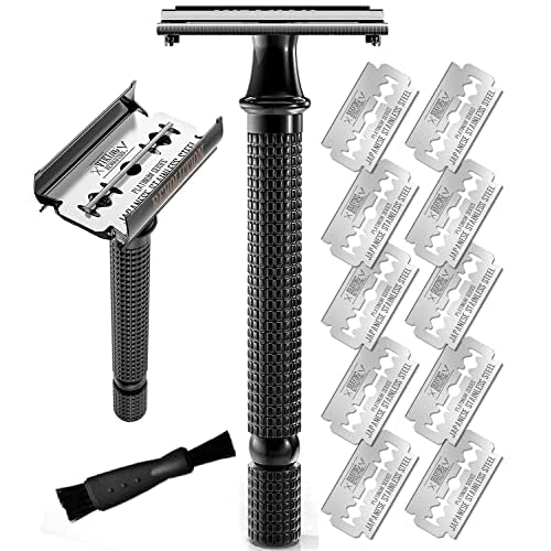 SHAVING REVOLUTION Long Handle Double Edge Safety Razor - Butterfly Open Razor 10 Japanese Stainless Steel Double Edge Blades - Close, Clean Shaving Razor Men., Black Long Handle, 12 Piece Set
