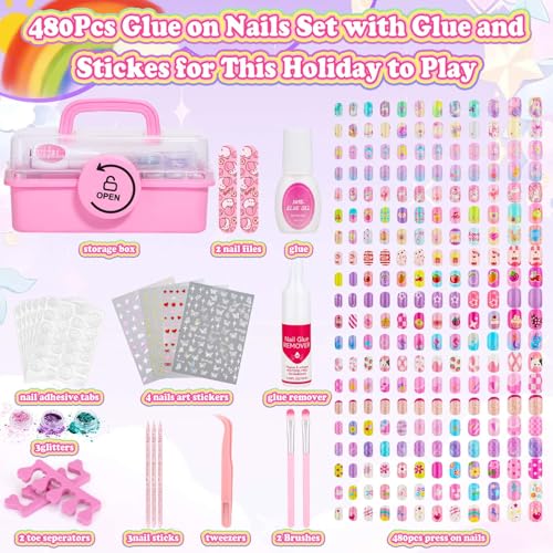 480 Pcs Kids Press-On Nail Art Kit with Glue & Storage Case