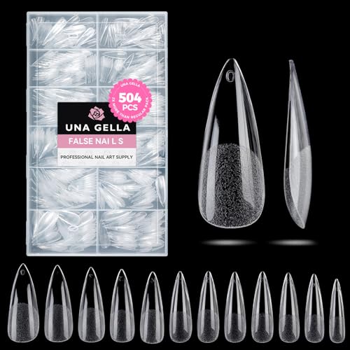 UNA GELLA Long Stiletto Gel Nail Tips 504PCS Full Cover Pre-Etched – 12 Sizes