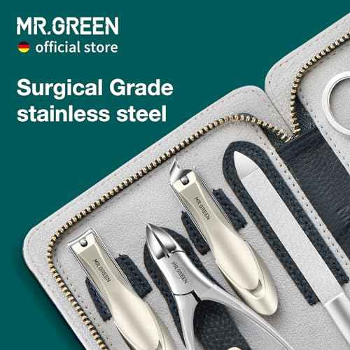 MR.GREEN Innate Luxury Manicure Set Surgical Grade Scissors Stainless nail clipper Kit full grain cow leather package Pedicure (9 in 1 Manicure Set)