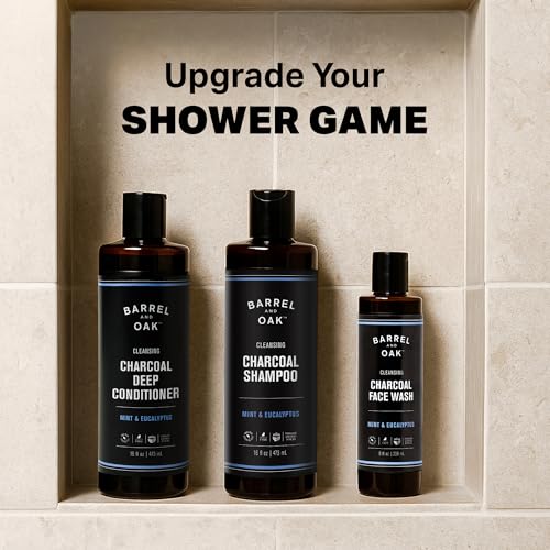 Barrel & Oak Mint & Eucalyptus Body Care Set, Charcoal Face Wash, Shampoo and Conditioner Set for Men, Cleansing Grooming Kit, Vegan Gifts for Men, 3-Pack