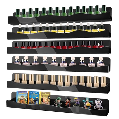 6 Pack Wall Mounted Acrylic Nail Polish Organizer Rack 15 Inch Black Nail Polish Shelf with Removable Ends Multi-Purpose Shelf for Essential Oils Cosmetics Storage Display for Salon Bathroom