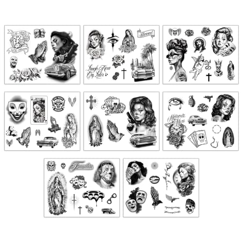 Los Vatos Chicano Bundle - 8 Sheets Cholo and Chola Temporary Tattoos - Payasa, Lowrider, Virgin Mary, Prayer, Cross, Chicana, Gangster, Fake Tattoo, D?a de Muertos, Tatuajes Temporales