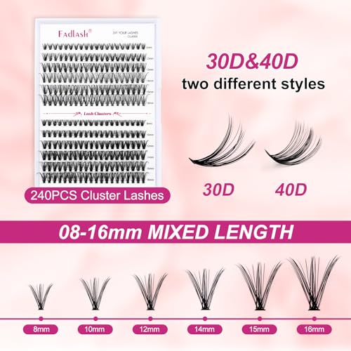 FADLASH Eyelash Extension Kit Lash Clusters Mix Tray Thin Band DIY Lash Extension Kit with Lash Bond and Seal Lash Tweezers Eyelash Applicator Tool Individual Lashes(F2-0.07D-15-20mm Kit)