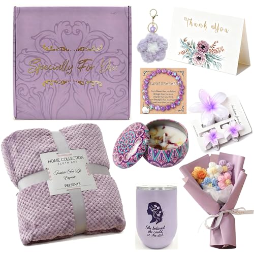 Purple Spa Gift Set for Women - Blanket, Candle, Tumbler & More