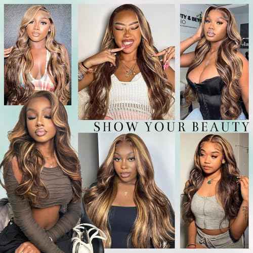 Highlight Ombre 13x6 Lace Front Wig Human Hair 220% Density Honey Blonde Ombre Highlight Body Wave Human Hair Wig Pre Plucked with Baby Hair 4/27 Highlight Wigs for Women 22 Inch