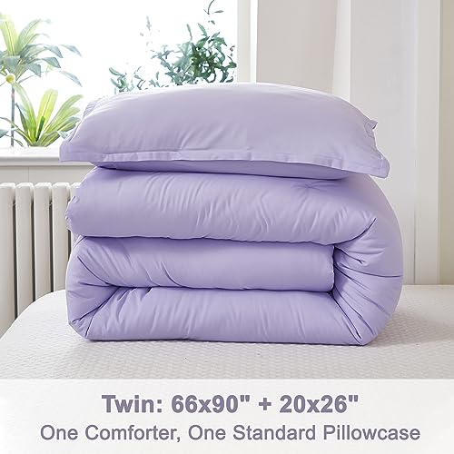 Litanika Lavender Comforter Twin/Twin XL Size, 2 Pieces Boho Lightweight Solid Bedding Comforter Set, All Season Fluffy Bed Set (66x90In Comforter & 1 Pillowcase)