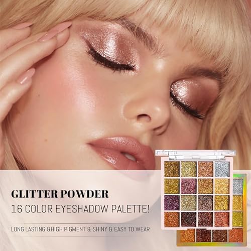 K'APEINE Gold Glitter Eyeshadow Palette, 16Colors Fine Pressed Sparkle Eye Shadow Metallic Glitter Powder Makeup Pallet Ultra Shimmer Makeup Kit Highly Pigmented Long Lasting Waterproof for Face Body
