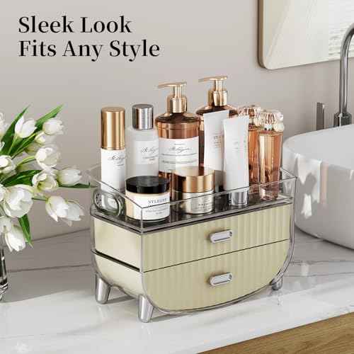LAMU Makeup Organizer With 2 Drawers, Bathroom Storage With Four Non-Slip Feet And Dust-Proof, Simple And Stylish For Desktop, Vanity, Bathroom Countertops, White, Ideal Christmas Gifts for Girls