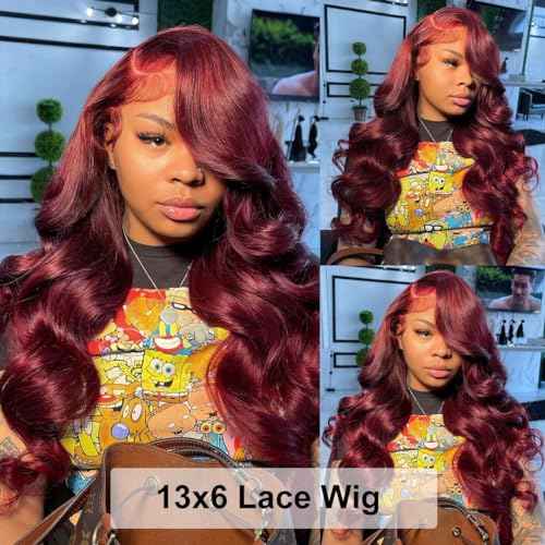Body Wave Human Hair Wigs for Women Glueless HD Lace Front Wigs Human Hair Body Wave 180 Density Lace Frontal Wigs Human Hair Pre Plucked Body Wave (99J Burgundy wigs, 24 Inch)