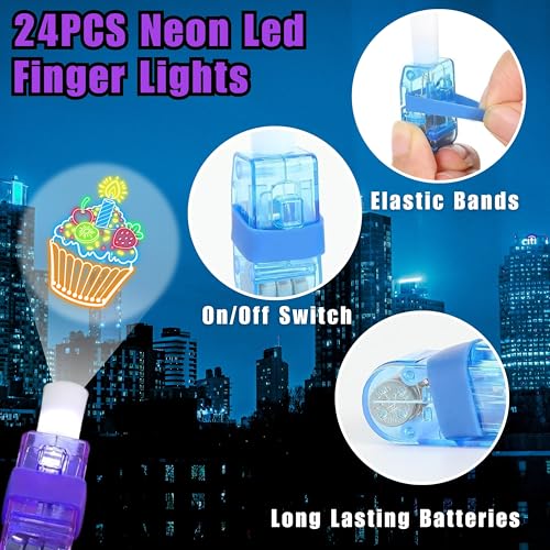 Neon Party Favors Set – 24 LED Finger Lights & 48 Tattoos