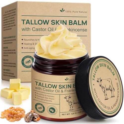 Beef Tallow for Skin & Face Cream with Castor Oil and Frankincense, Natural 100% Grass Fed, Whipped Beef Tallow Balm Deeply Moisturizing for Face & Body Care, 4.2 oz