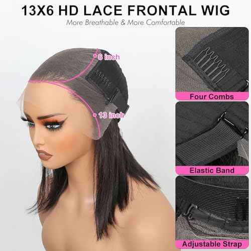 BLY 13x6 HD Lace Front Bob Wig 12 Inch C Part Short Straight Human Hair Wigs Side Part Pre Plucked Glueless Wig for Women Natural Black Color 180 Density