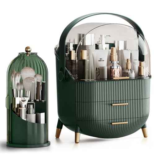 Makeup Organizers Countertop, Makeup organization for Vanity, Cosmetic Storage with Lid and Drawers, Skincare Display Cases with for Desktop, Bathroom (Green)