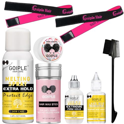 Goiple Wig Glue Lace Glue for Lace Front Wigs, Waterproof Lace Wig Glue with Tools and Lace Melting Spray Hair Wax Stick(Wig Glue/Wig Glue Remover/Edge Control/Pink Elastic Bands*2/Hair Dual Drush)