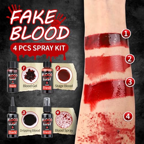 4PCS Fake Blood Spray Kit Halloween Special Effects Dark Fresh Fake Blood Makeup Kit,Suitable for Stage Vampire Zombie Monster Clown SFX Makeup