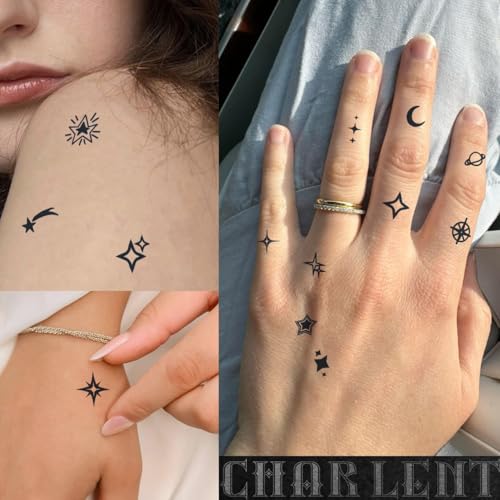 Stars Semi-Permanent Tattoos for Adult - 2 Weeks Long Last Small Fake Tattoos for Women Men Face Finger Neck Body/Fades Naturally/No Reflection/Waterproof/Realistic